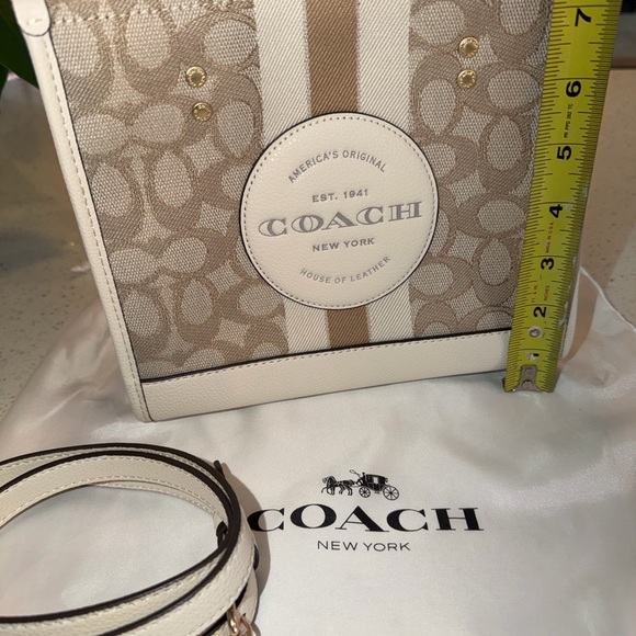 Coach small Beige Signature Jacquard Cream Leather Stripe Dempsey 22 Satchel - Picture 11 of 15